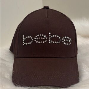 Bebe Rhinestone Logo Adjustable Strapback Cap with Metal Logo